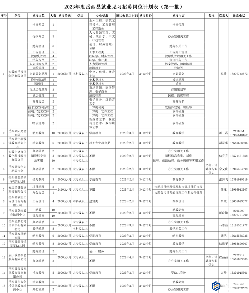 岳西县2023年度未就业青年就业见习招聘公告（第一批）